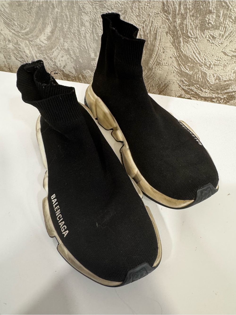 Balenciaga Black Sock-Style Stretch Knit Sneakers with Off-White Sole